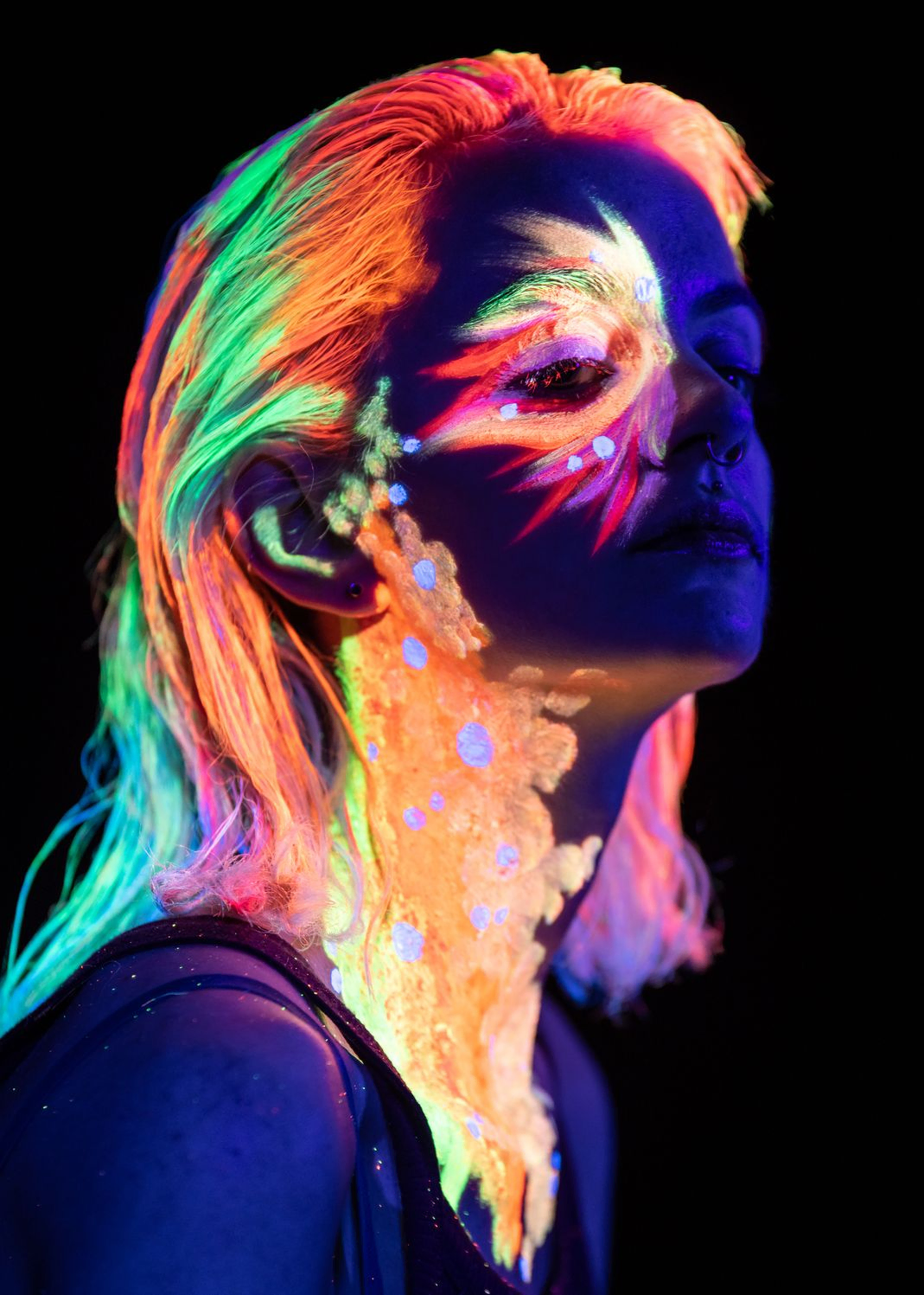Neon colour face paint under UV light