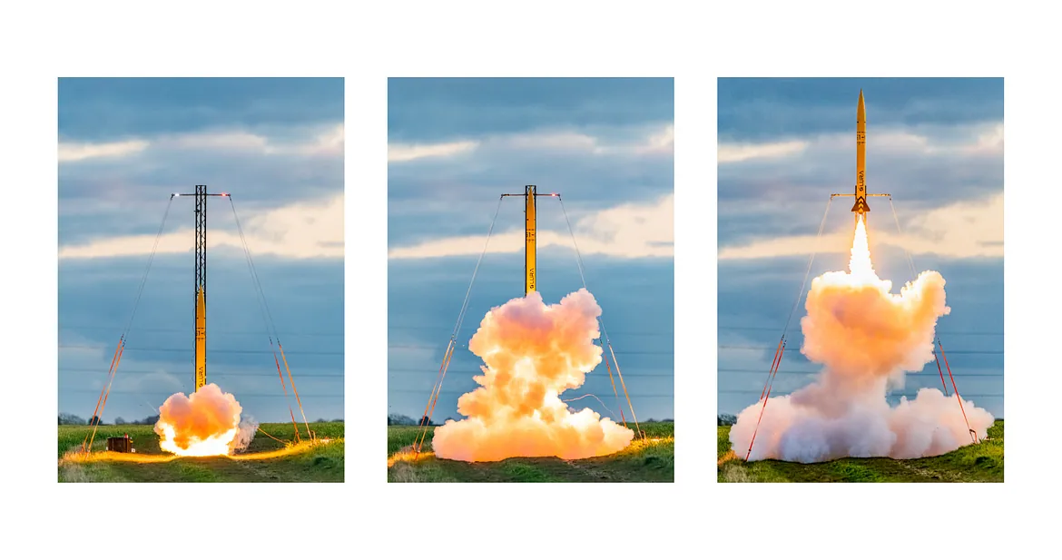 Three images of a rocket launching
