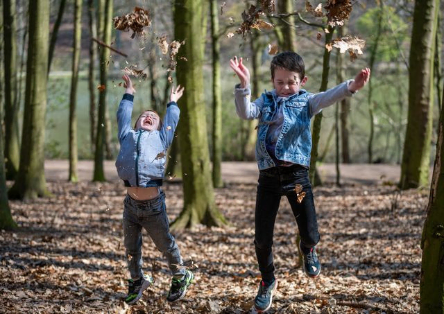 Two brothers jumping and throwing leaves in the air